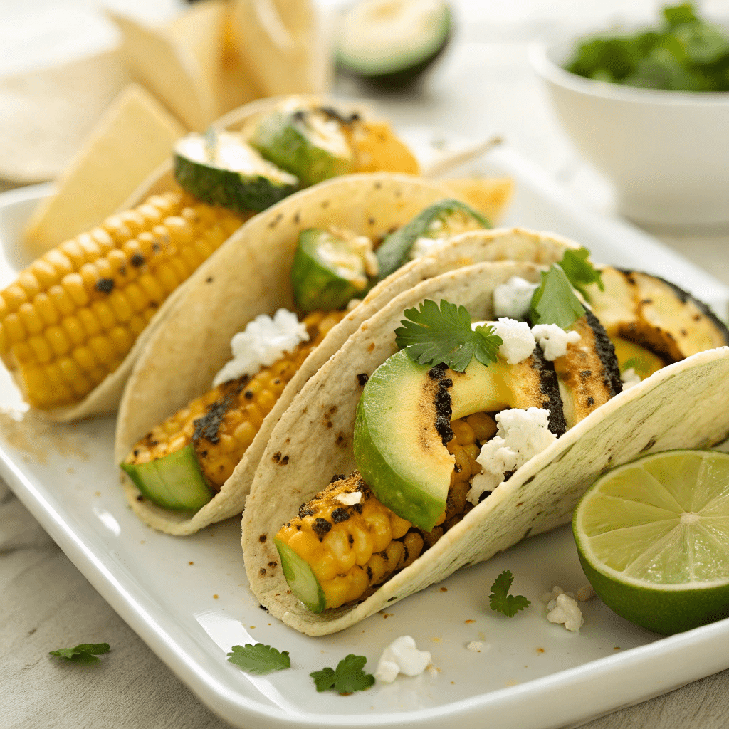 colorful grilled corn zucchini tacos arranged on a