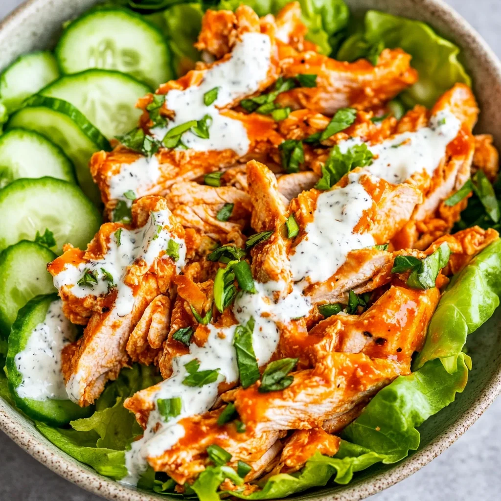Buffalo chicken salad with fresh veggies and spicy buffalo sauce