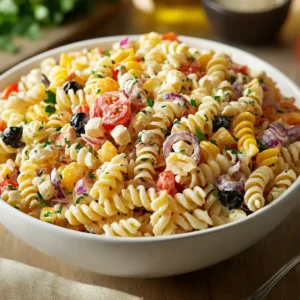 A close-up of fusilli pasta salad with cucumbers, tomatoes, olives, and bell peppers, topped with fresh herbs.