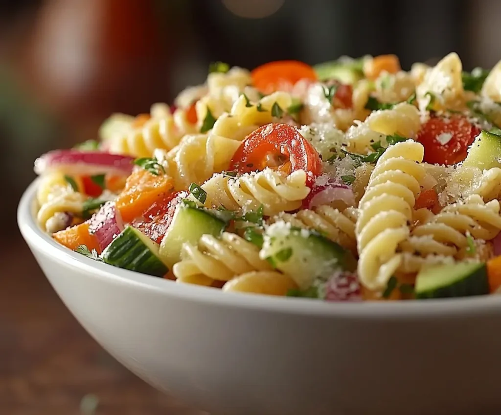 A vibrant bowl of Olive Garden Pasta Salad with fusilli pasta, tomatoes, olives, red onion, and herbs, perfect for a healthy meal.