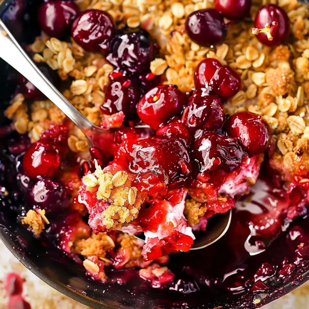 Freshly baked cherry crisp in rustic dish with ice cream