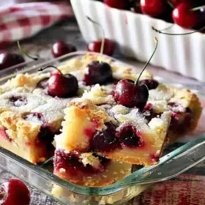 Sliced cherry pie bars served with cherries