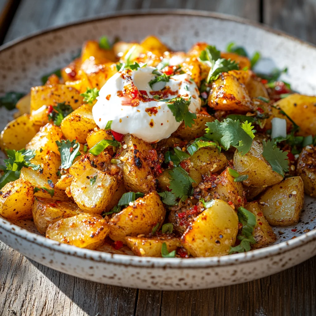 Chili Crisp Potato Salad with crispy roasted potatoes, chili oil drizzle, and fresh herbs on a rustic ceramic plate.