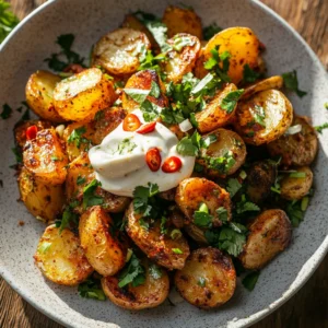 Recipe card for chili crisp potato salad with ingredients and step-by-step instructions.