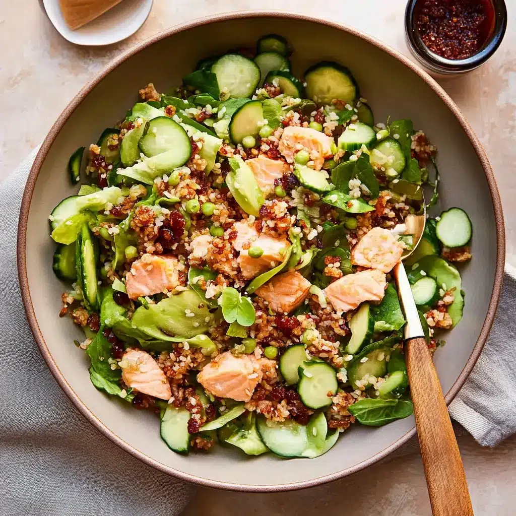 Crispy rice salmon salad bowl with avocado and cucumbers