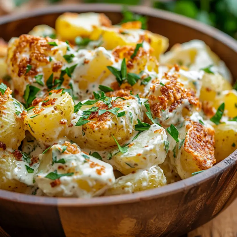 Crispy Smashed Potato Salad with creamy dressing
