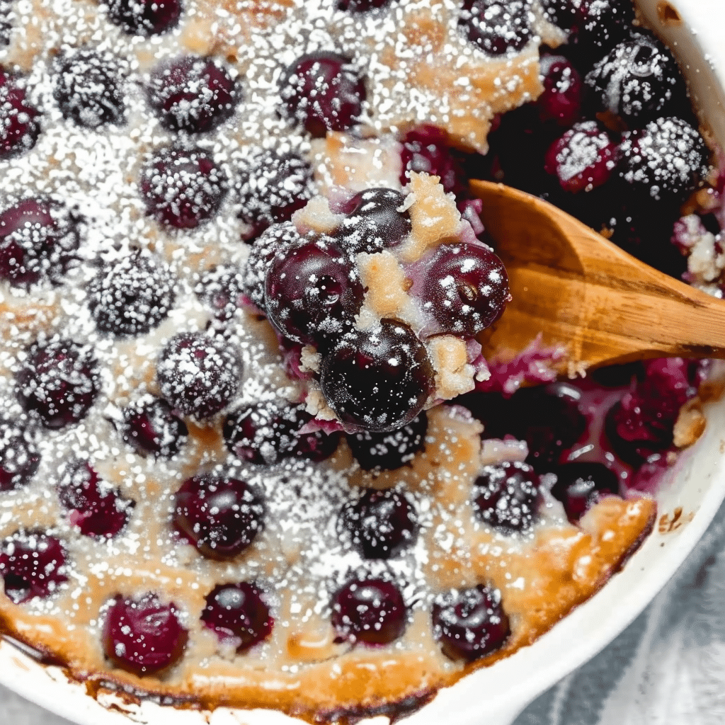 Decadent Cherry Clafoutis served with powdered sugar