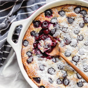 Decadent Cherry Clafoutis Recipe Card with ingredients and instructions