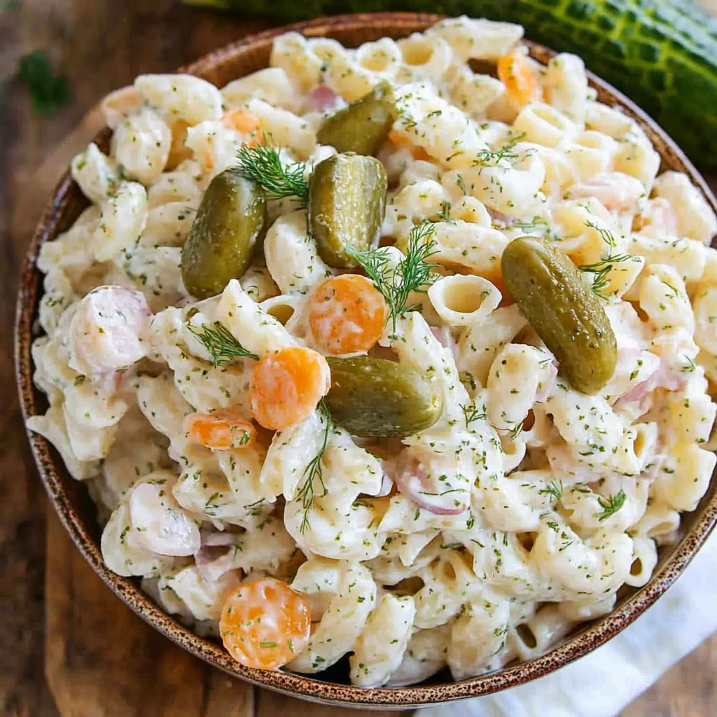 Dill pickle pasta salad with medium shell pasta, sliced dill pickles, cheddar cheese, and fresh dill in a creamy dressing.