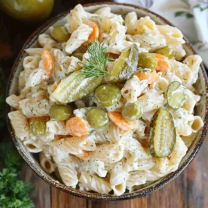 Recipe card for dill pickle pasta salad, featuring ingredients and instructions.
