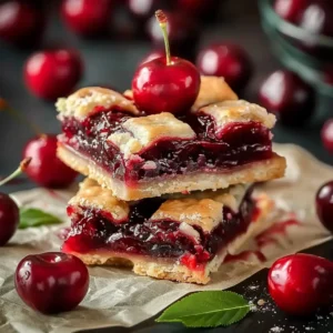 Close-up of cherry pie bar with cherry filling and glaze