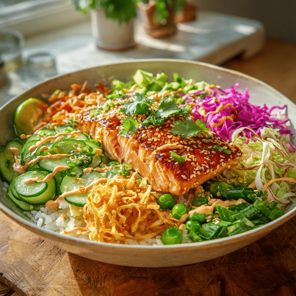 Fishbowl Salmon Salad with miso-glazed salmon, fresh veggies, and spicy toppings.