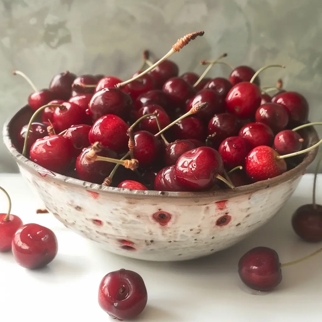 Fresh cherries in a bowl, perfect for pitting.