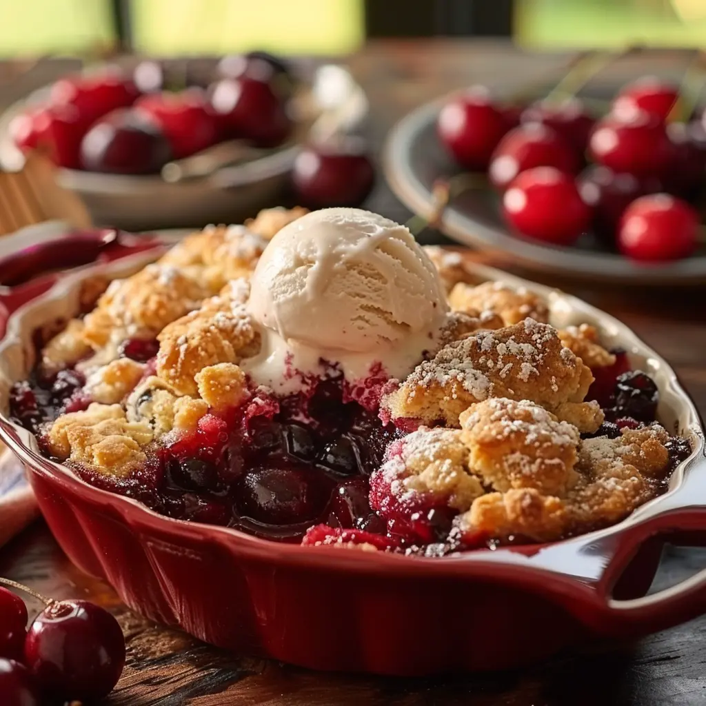 Freshly baked cherry cobbler served with vanilla ice cream.