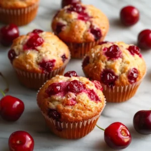 Recipe card with fresh cherry muffins