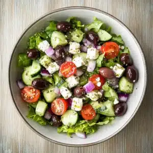 Greek salad recipe card with ingredients and instructions