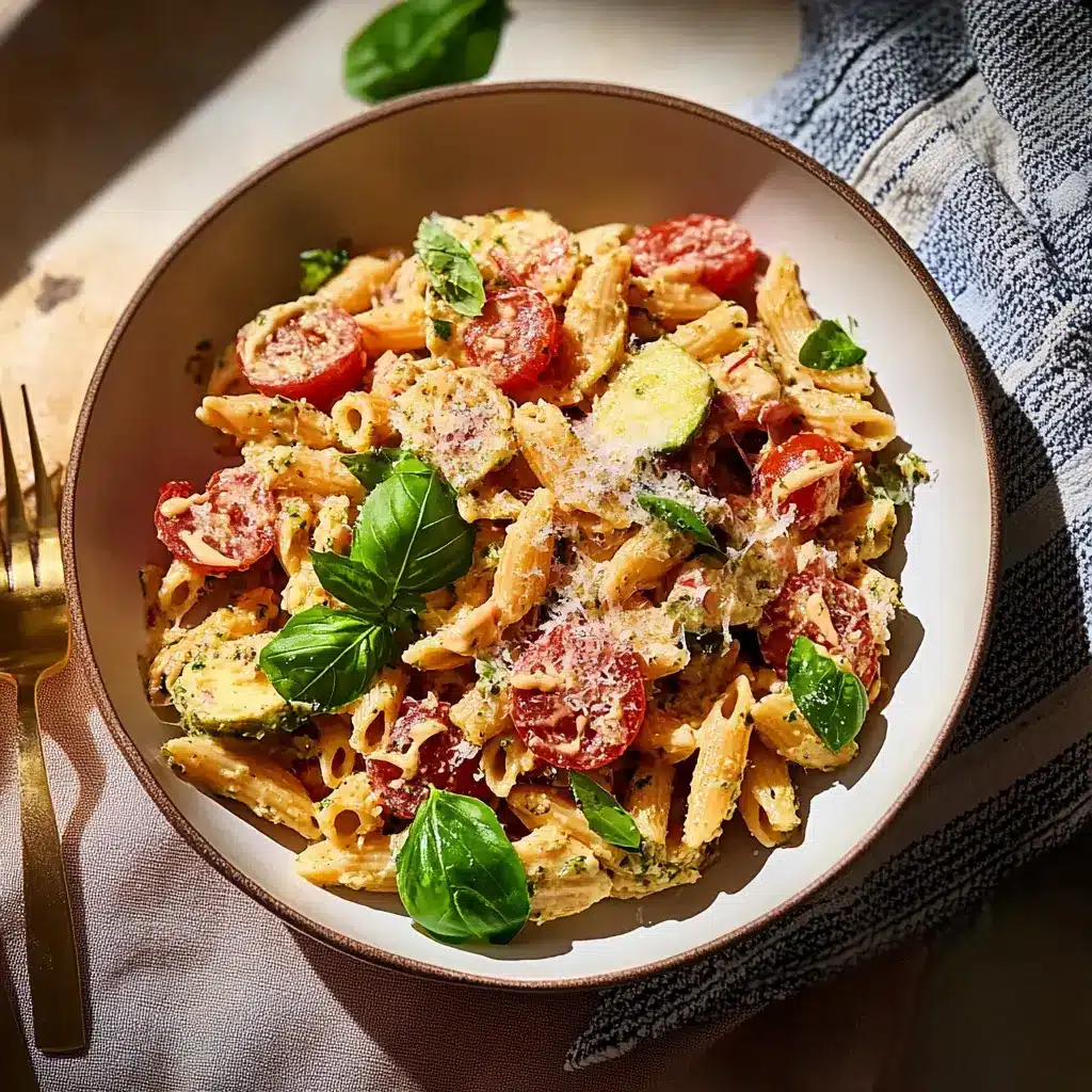 marry me pasta salad in white bowl with fresh herbs and cheese