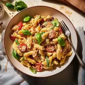 marry me pasta salad in clean recipe card layout