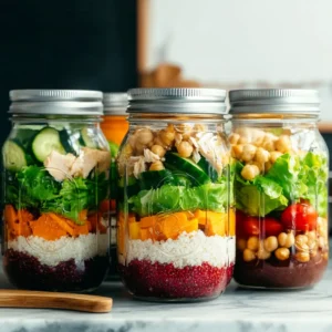vegetarian and chicken mason jar salads side by side