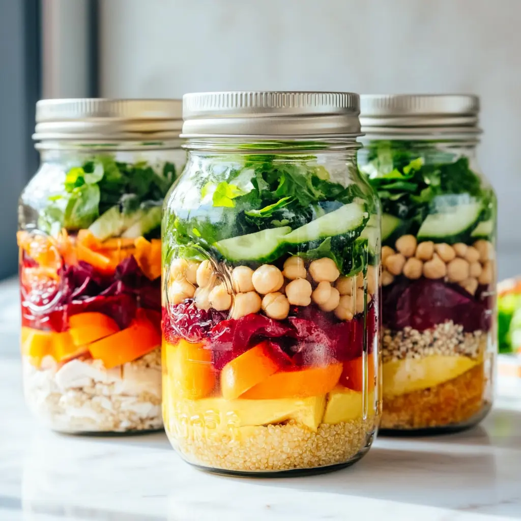 mason jar salads with colorful fresh ingredients