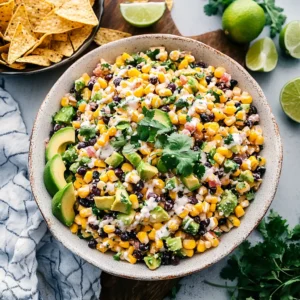 Final mixed Mexican Street Corn Pasta Salad with creamy dressing