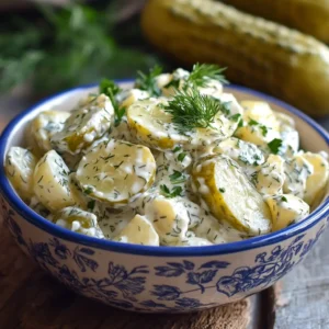 Recipe card for potato salad with dill pickle