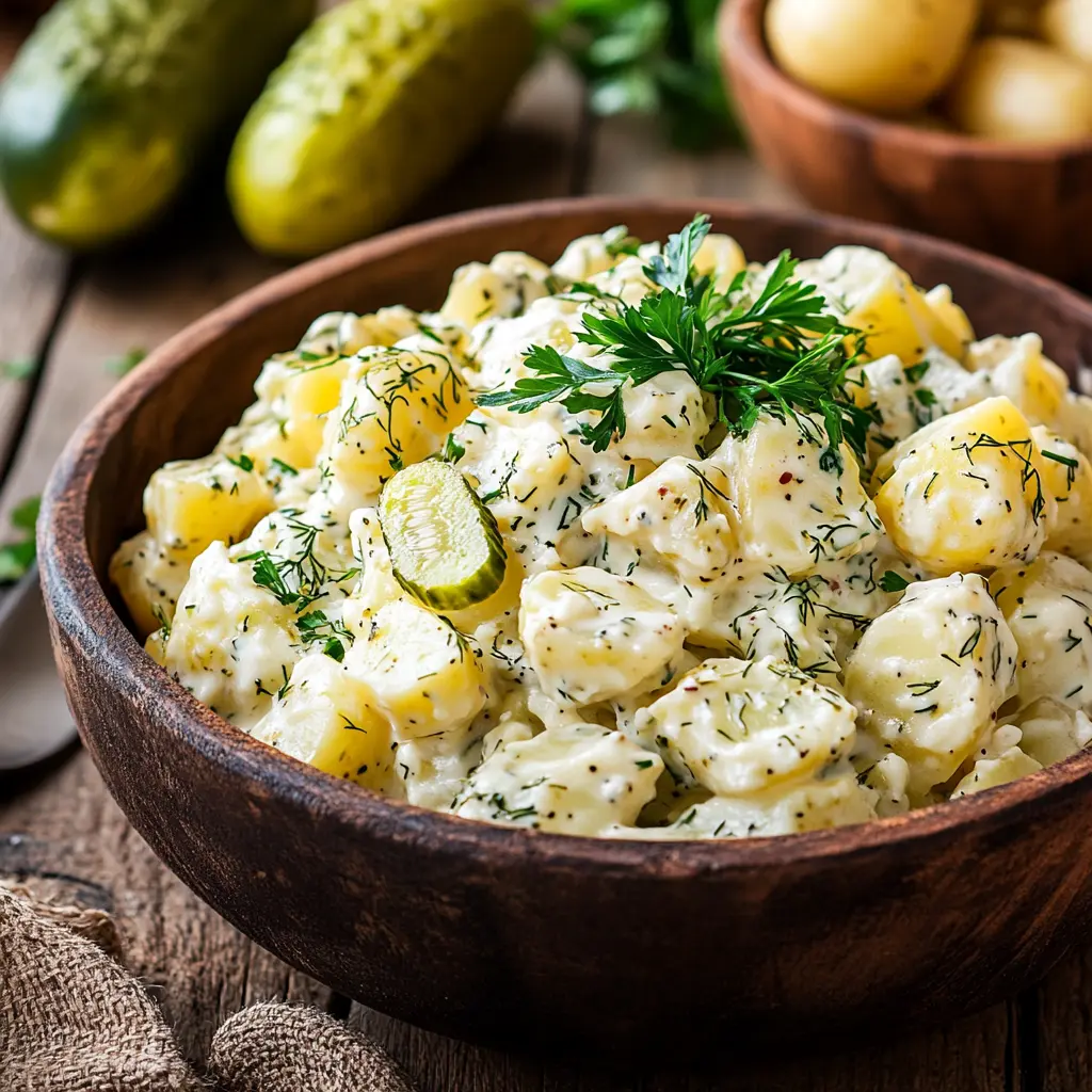 Delicious potato salad recipe with dill pickles, creamy dressing, and fresh parsley