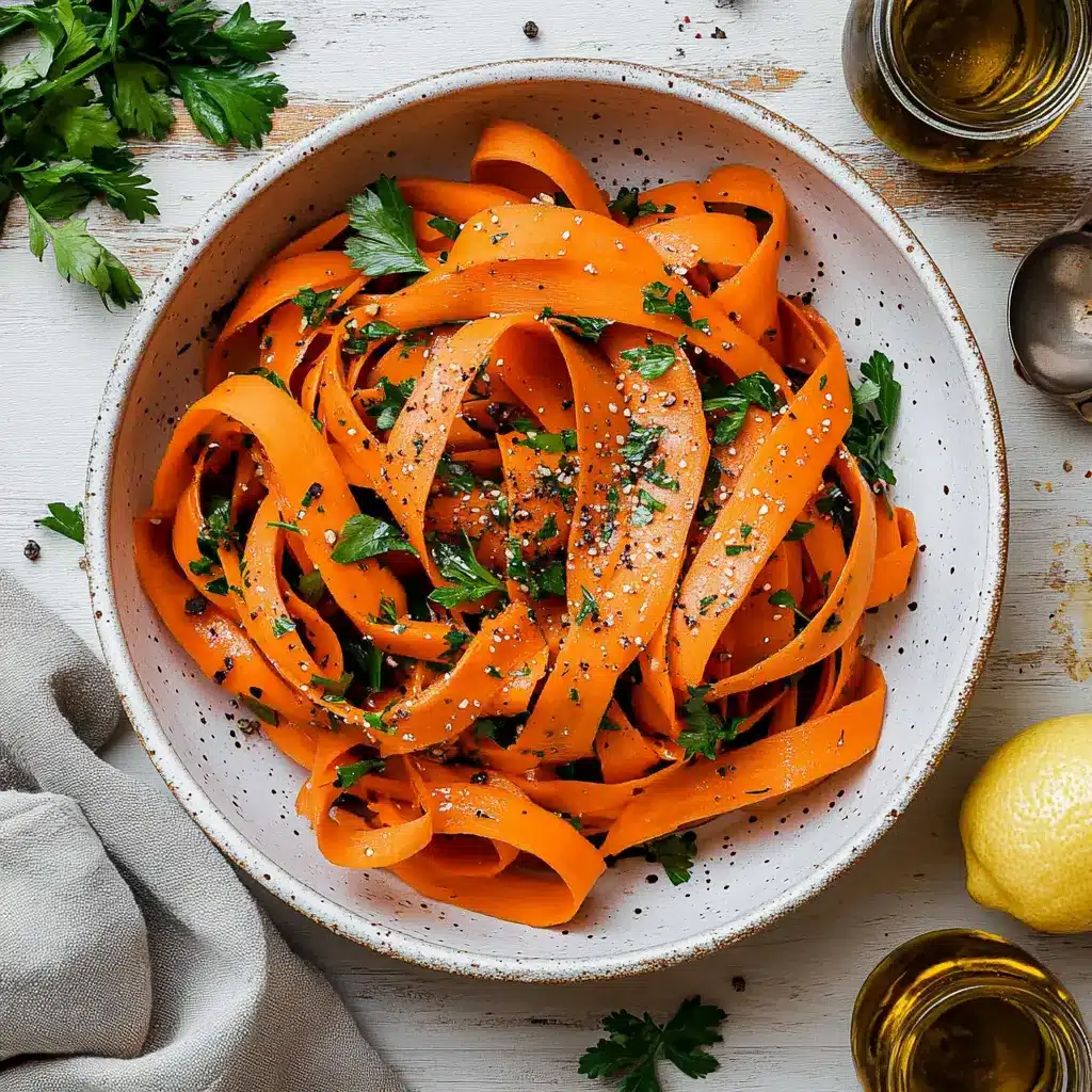 Raw carrot ribbon salad in a ceramic bowl with fresh herbs