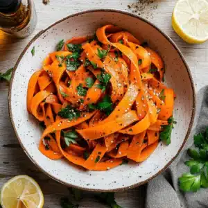 Recipe card layout of raw carrot ribbon salad