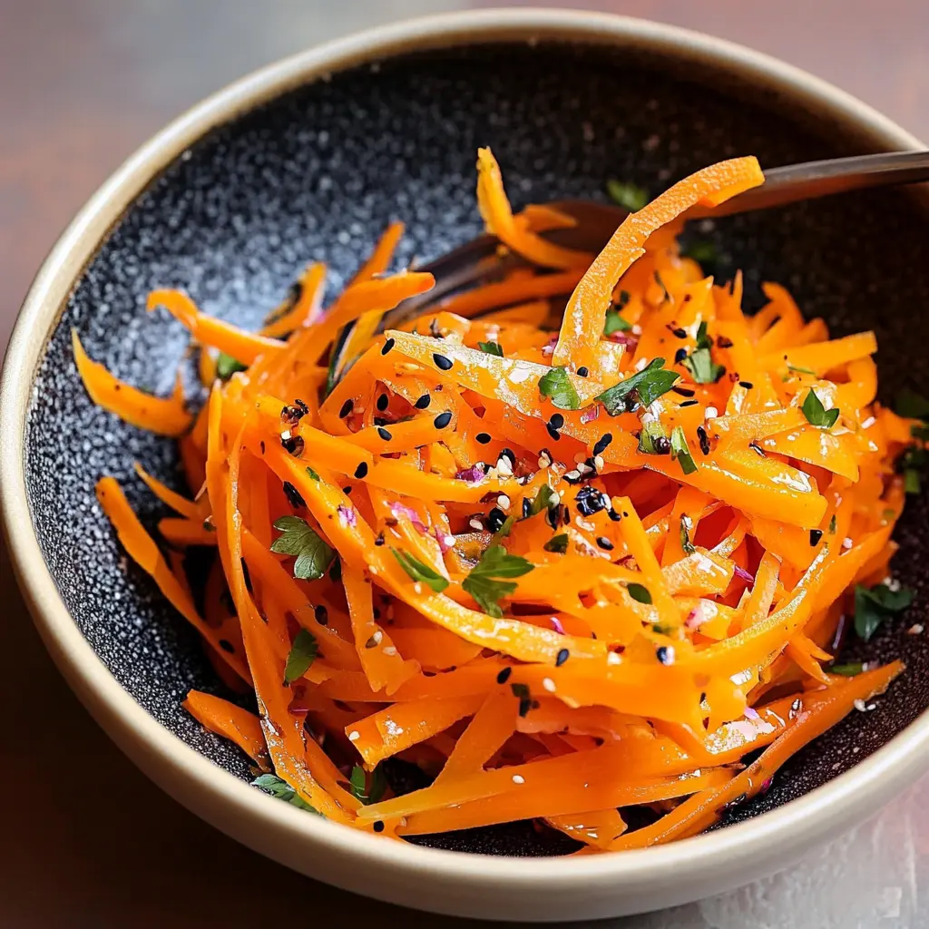 Raw carrot salad in a bowl with sesame and parsley