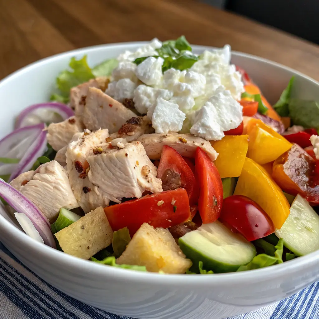 High protein chicken salad with cottage cheese in a bowl with vibrant vegetables.