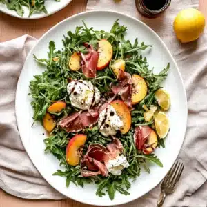 Arugula Peach and Burrata Salad recipe card