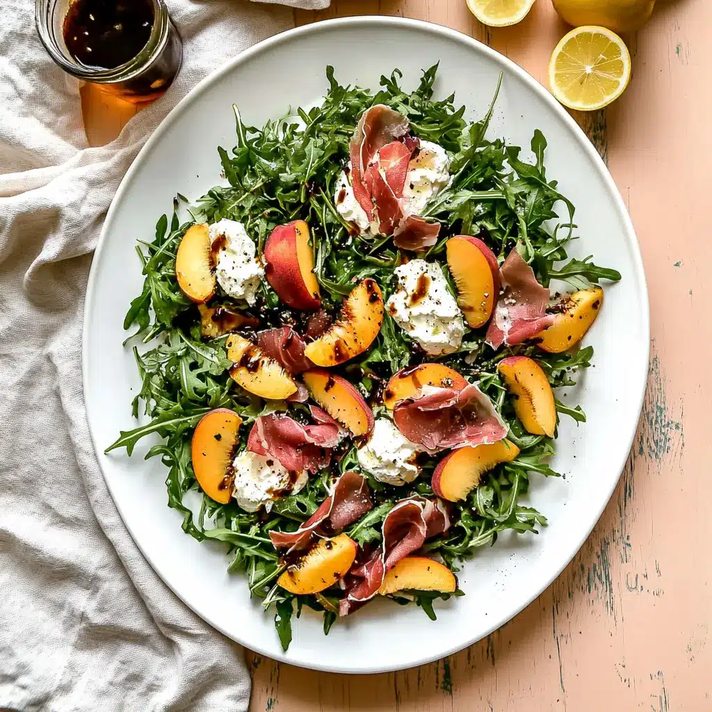 Arugula Peach and Burrata Salad with prosciutto and balsamic dressing