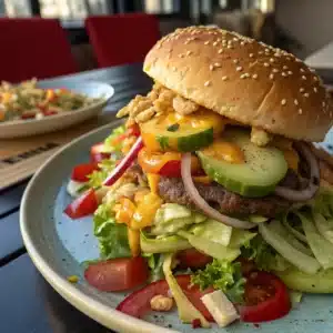 Big Mac Salad Recipe with homemade Big Mac sauce, healthy ingredients, and fresh vegetables