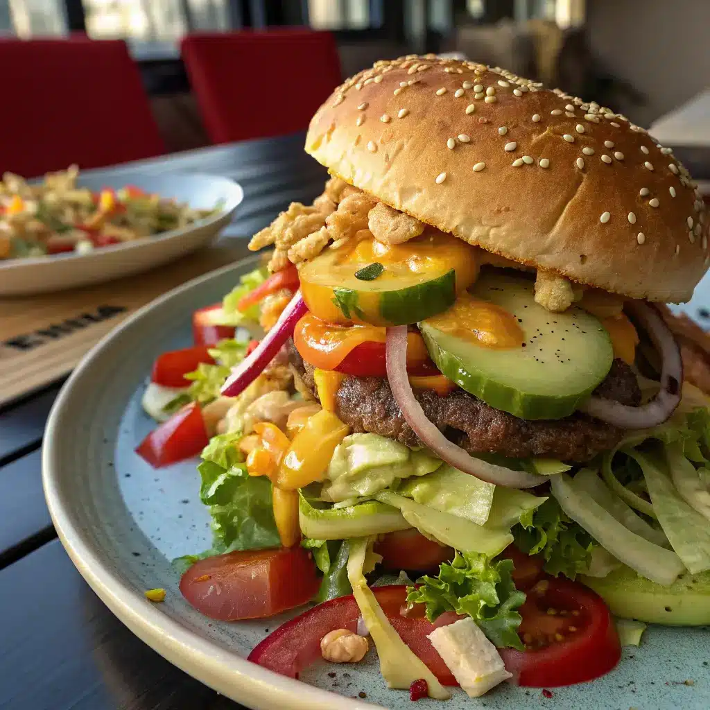 Big Mac Salad Recipe with homemade Big Mac sauce, healthy ingredients, and fresh vegetables