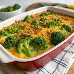 Freshly baked broccoli casserole soup recipe in white ceramic dish