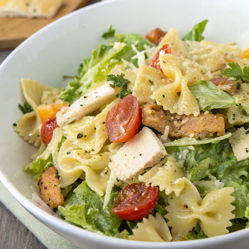 Creamy Caesar pasta salad recipe in bowl with parmesan and croutons