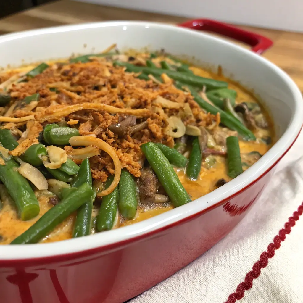 Campbell Soup green bean casserole recipe in a white dish with crispy fried onion topping