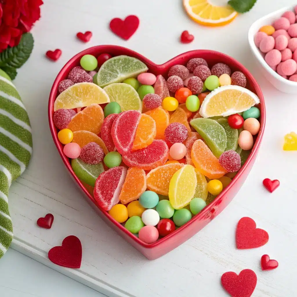 Candy Salad Valentine with vibrant candies and fresh fruit, a perfect festive treat.