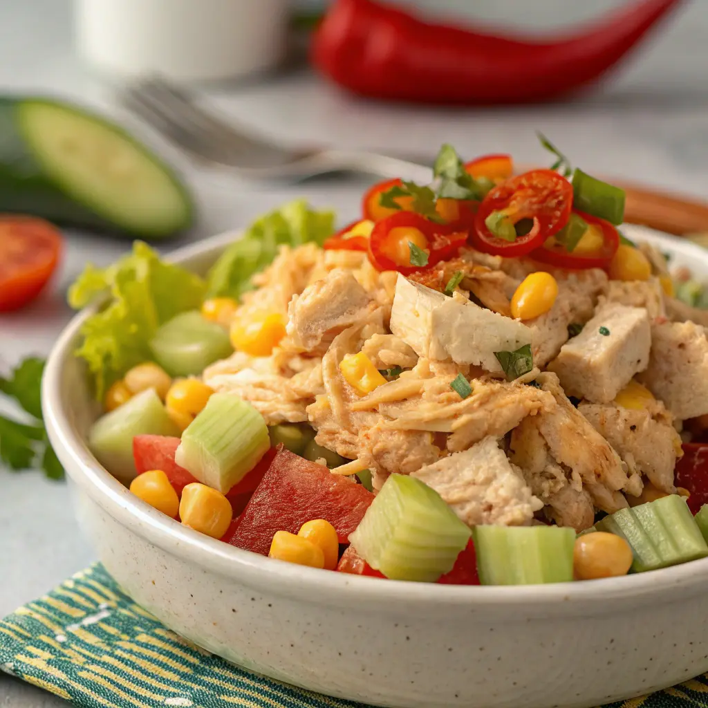 Homemade canned chicken salad recipe in a rustic bowl with herbs and lemon