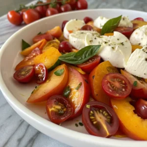 Cherry Peach Tomato Burrata Salad with fresh basil and vibrant colors