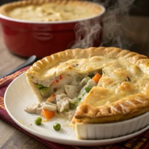 chicken pot pie recipe with cream of chicken soup served in rustic white dish