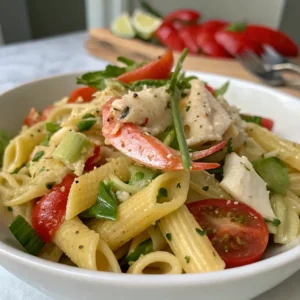 Crab pasta salad recipe served chilled with fresh vegetables and creamy dressing