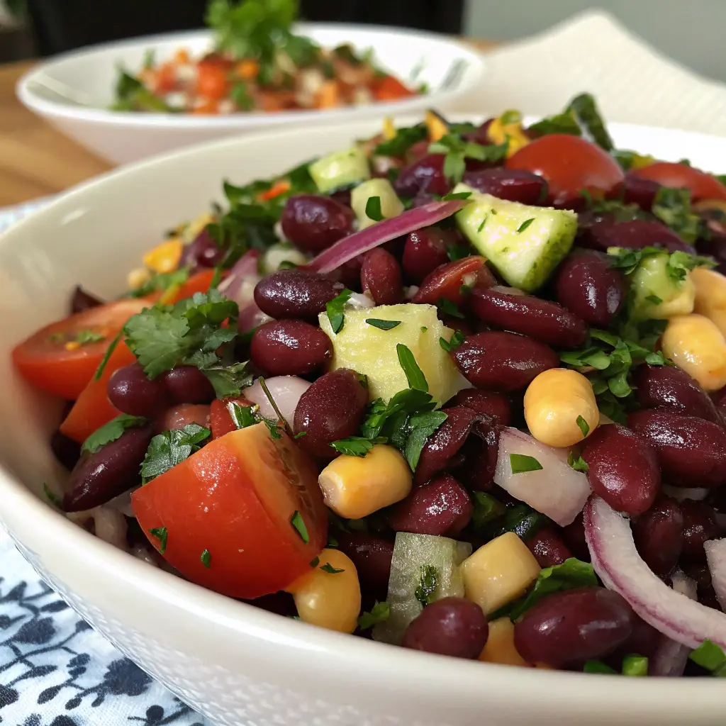 Dense Bean Salad Recipe with Fresh Vegetables and a Light Vinaigrette Dressing