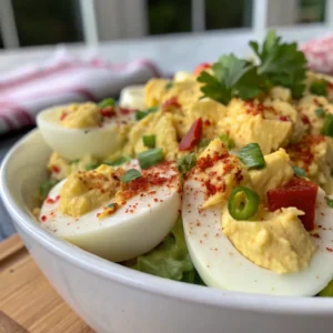 A creamy and tangy deviled egg potato salad recipe served in a bowl, garnished with paprika and fresh herbs.