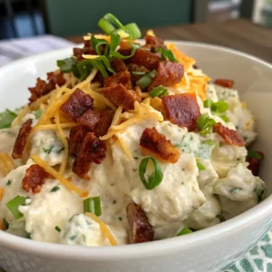 Loaded potato salad recipe with cheddar cheese, crispy beef, creamy dressing, and fresh chives garnish.