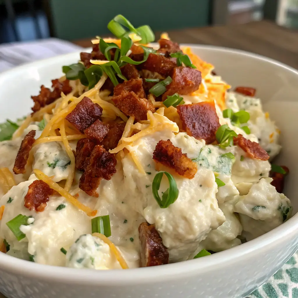 Loaded potato salad recipe with cheddar cheese, crispy beef, creamy dressing, and fresh chives garnish.