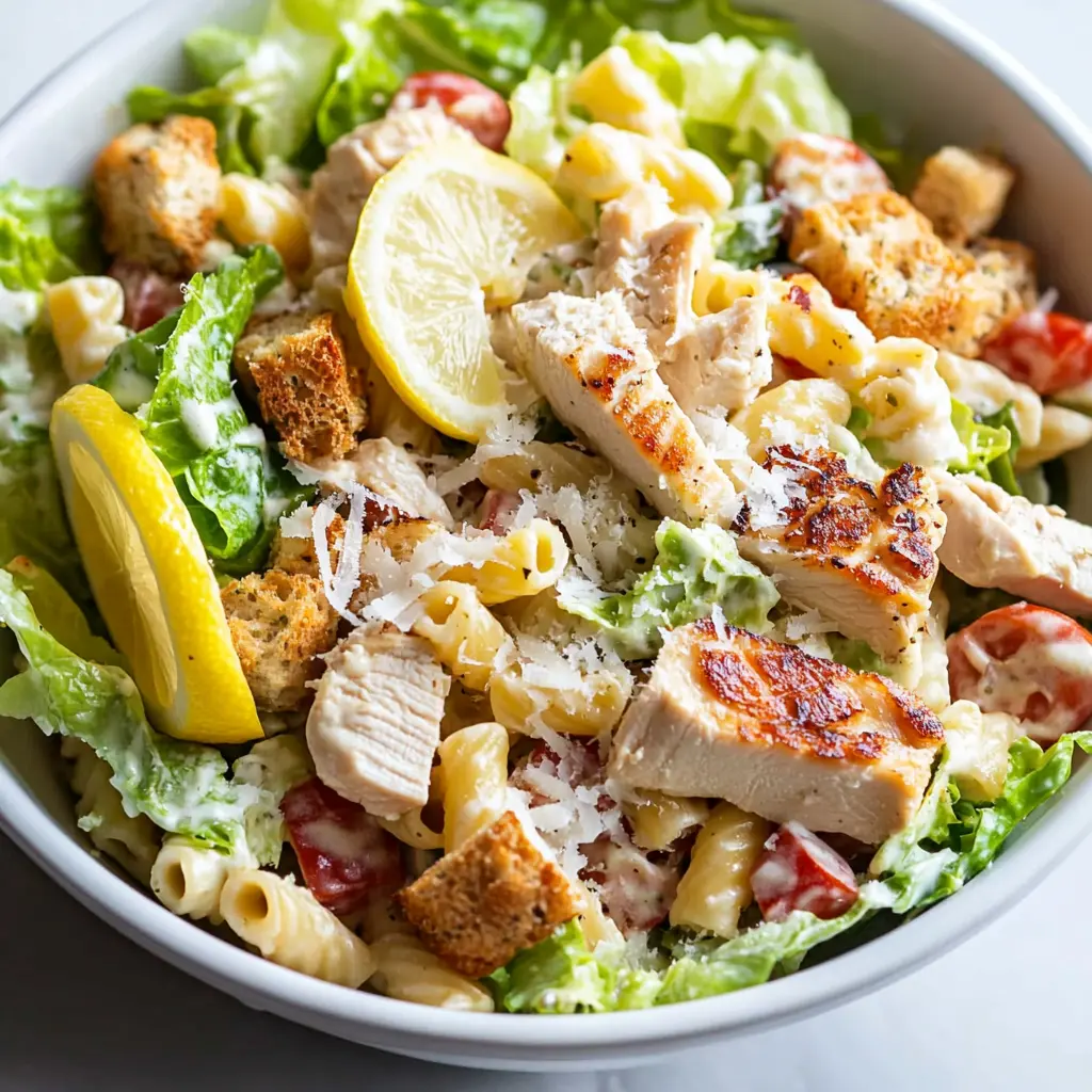 Low calorie chicken Caesar pasta salad with grilled chicken, whole wheat pasta, and fresh ingredients.