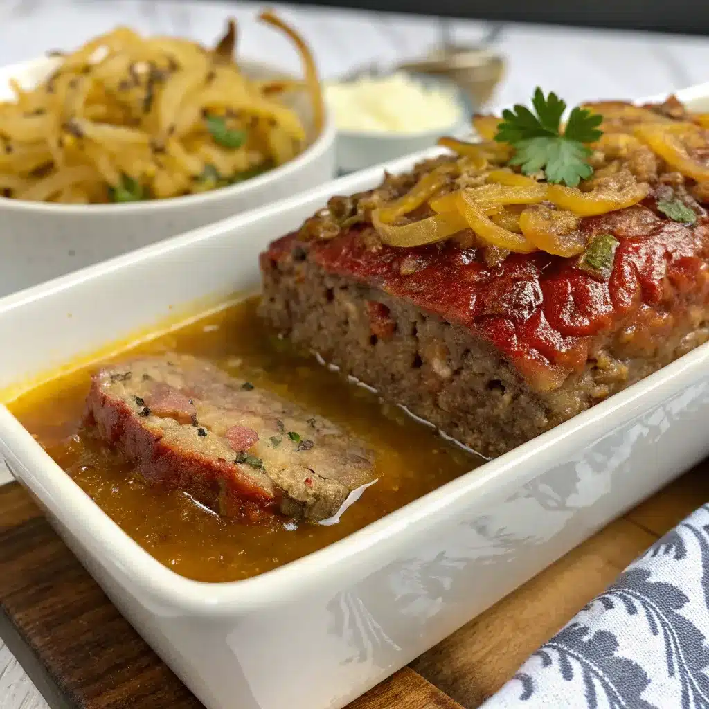 meatloaf recipe with lipton onion soup mix baked to perfection on wooden table