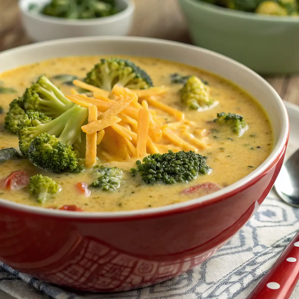 Panera Bread Broccoli Cheddar Soup Recipe served in a warm bread bowl